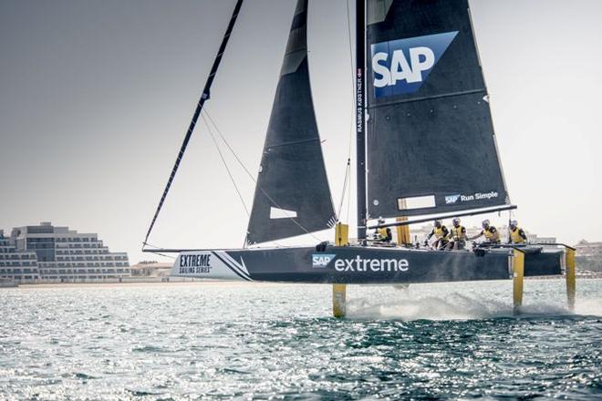 SAP Extreme Sailing Team foiling during a training session in Dubai © Tristan Stedman-SAP Extreme Sailing Team